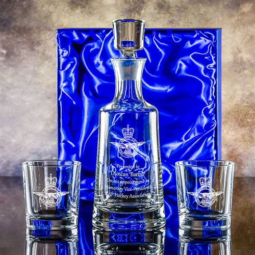 Engraved CrystalUniversity Decanter & Two Toscana 